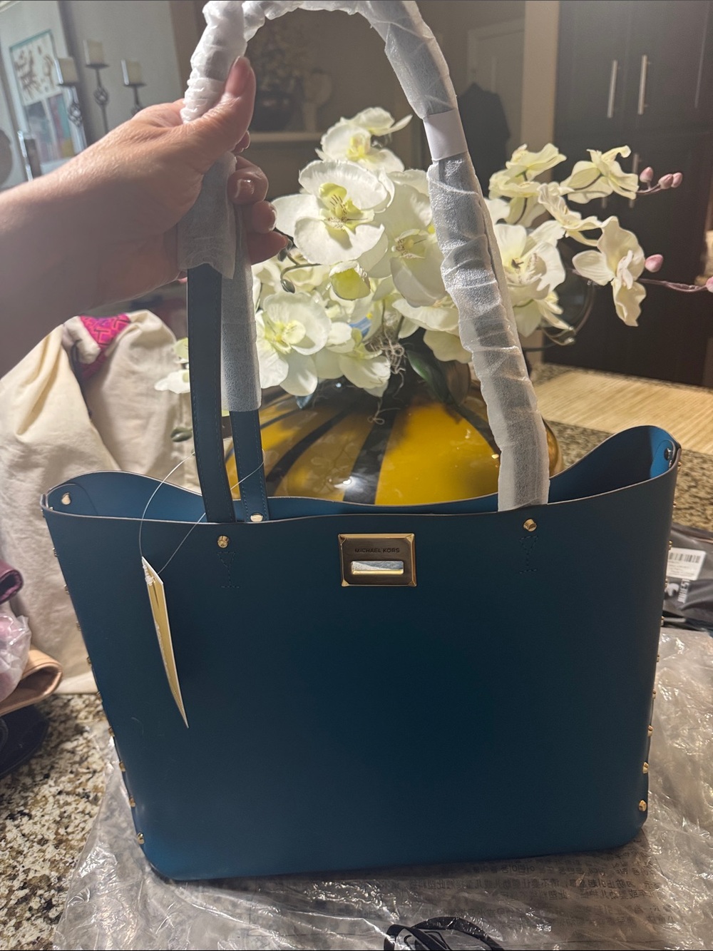 Michael Kors Teal Tote with Gold Hardware